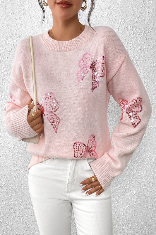 Knit Sequin Bow Round Neck Loose Fit Sweater