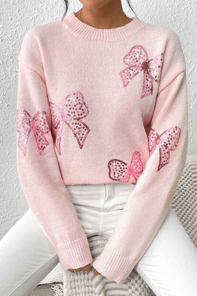 Knit Sequin Bow Round Neck Loose Fit Sweater