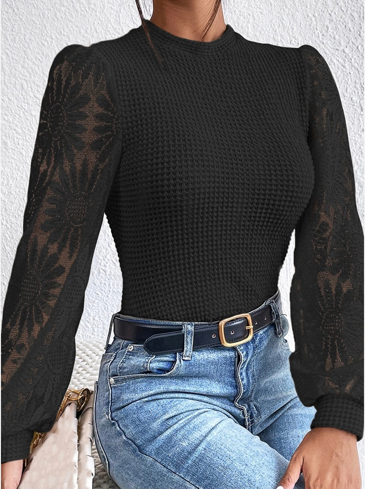 Black Solid Waffle Knit Sunflower Mesh Sleeve Top