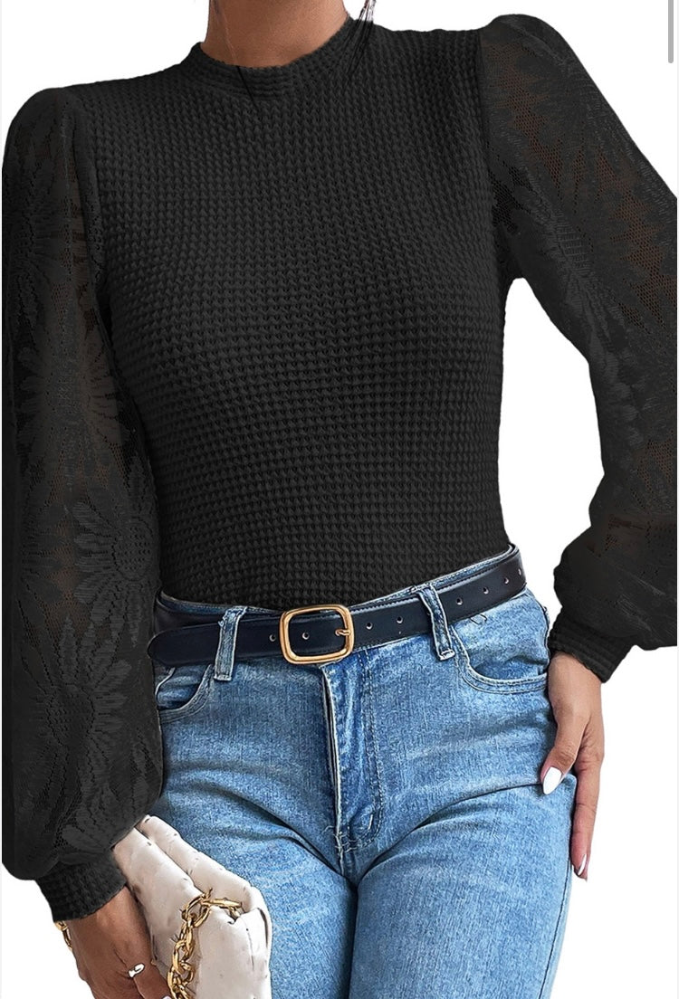 Black Solid Waffle Knit Sunflower Mesh Sleeve Top