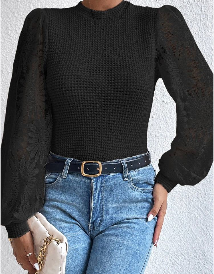 Black Solid Waffle Knit Sunflower Mesh Sleeve Top