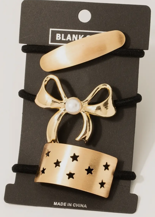 Pearl Stud Ribbon Bow Bar and
Stars Hair Tie