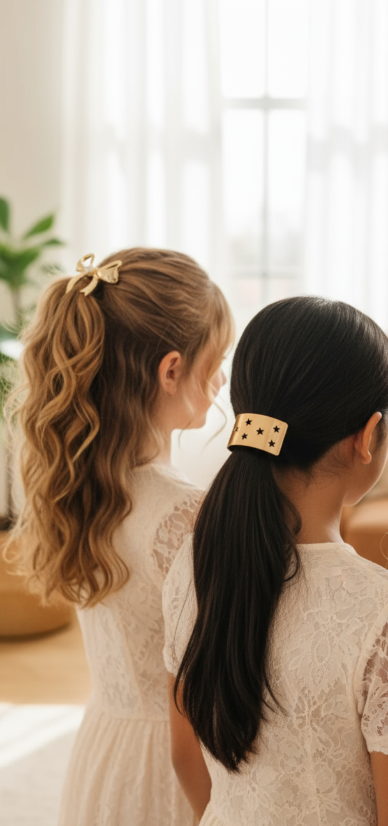 Pearl Stud Ribbon Bow Bar and
Stars Hair Tie