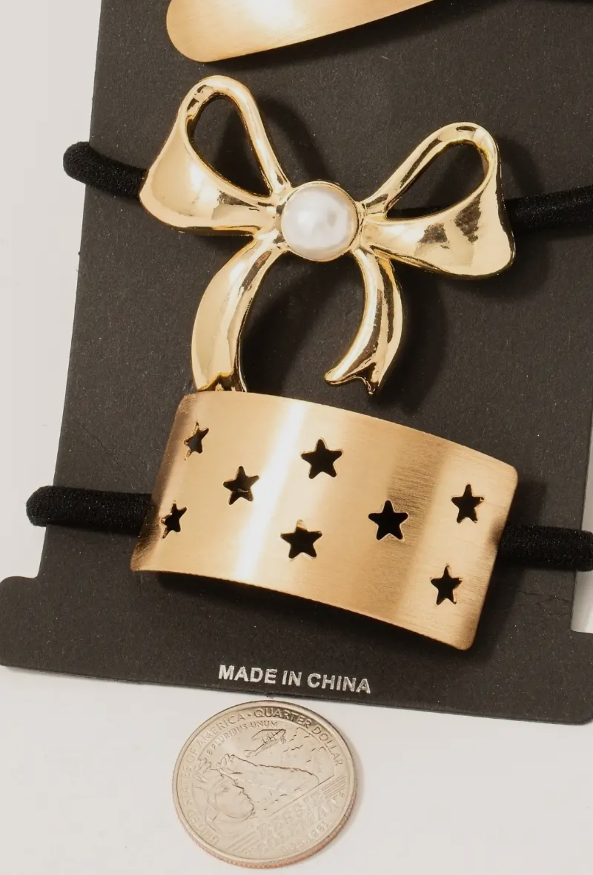 Pearl Stud Ribbon Bow Bar and
Stars Hair Tie