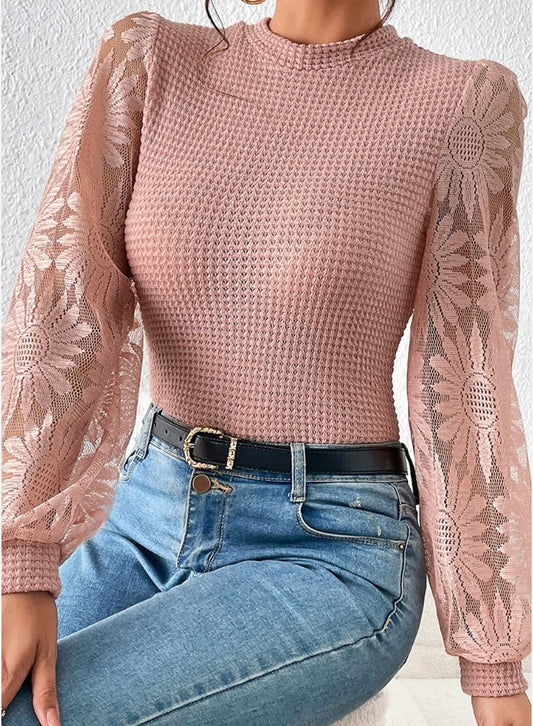 Peach Solid Waffle Knit Sunflower Mesh Sleeve Top