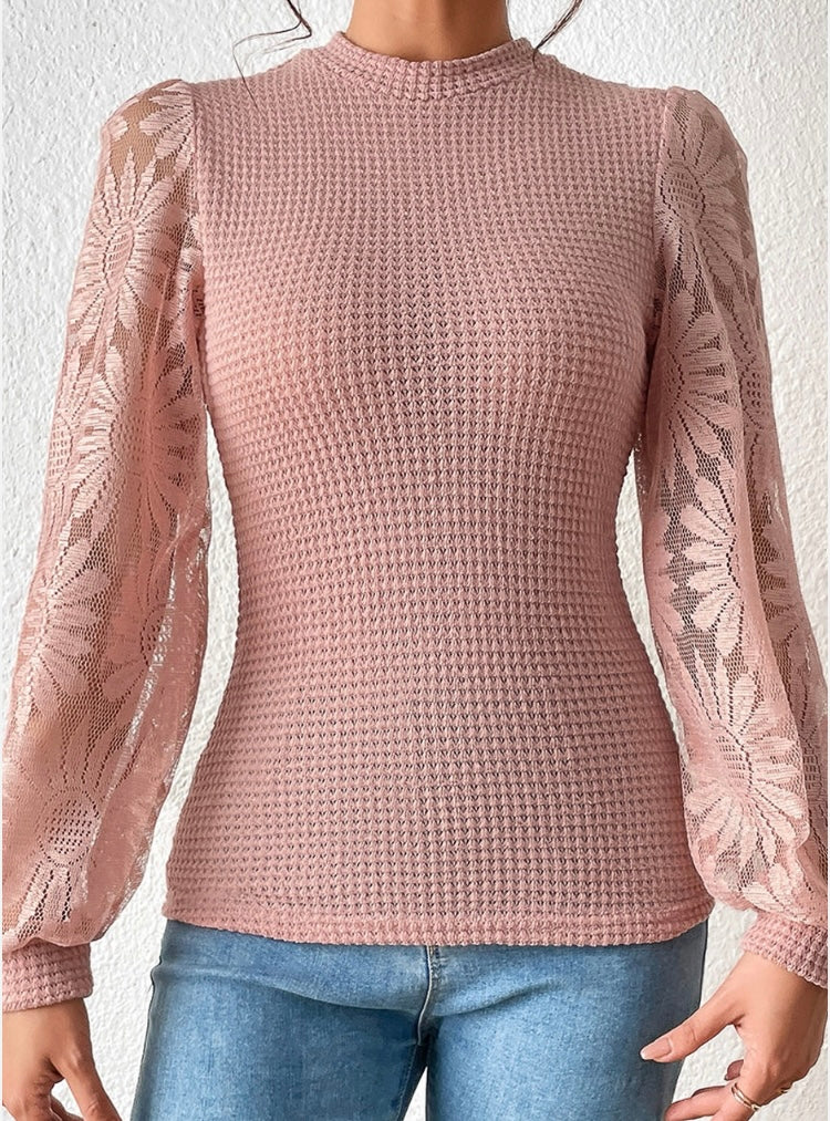 Peach Solid Waffle Knit Sunflower Mesh Sleeve Top