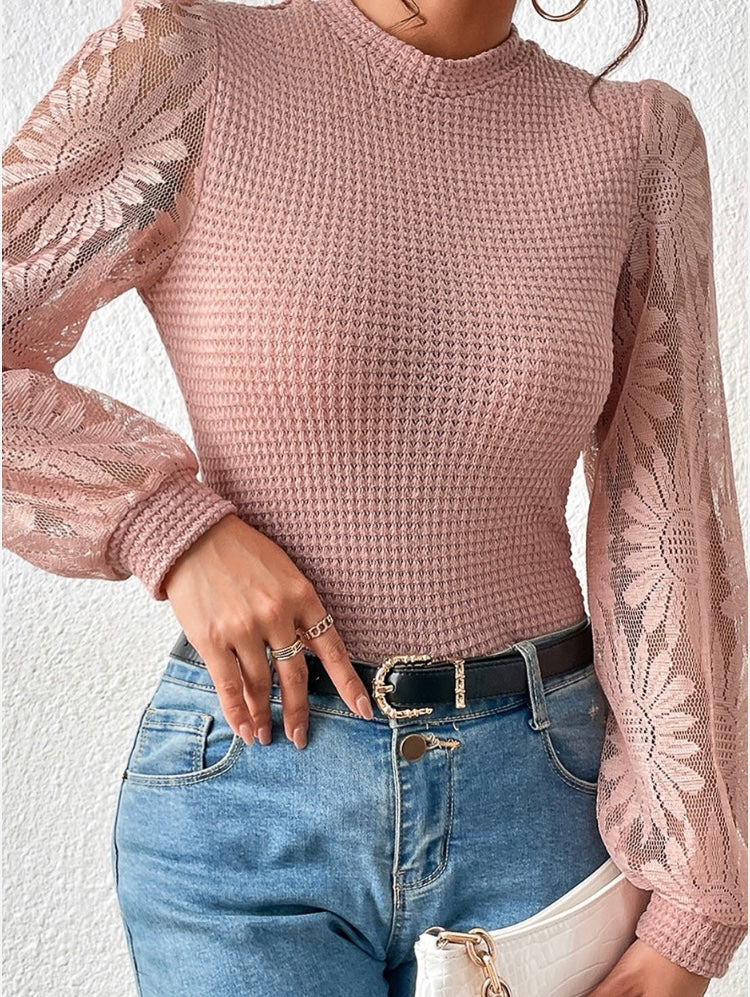 Peach Solid Waffle Knit Sunflower Mesh Sleeve Top