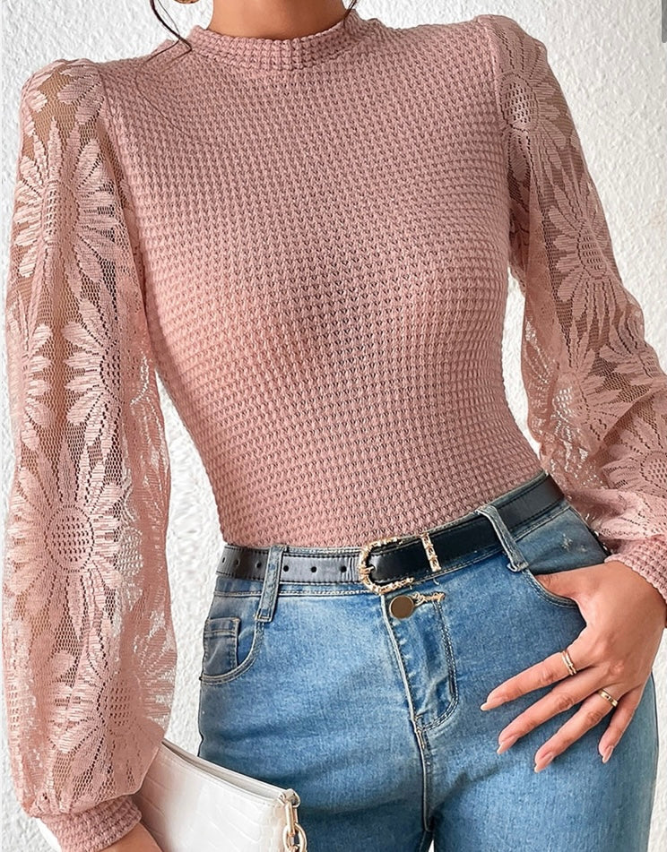 Peach Solid Waffle Knit Sunflower Mesh Sleeve Top