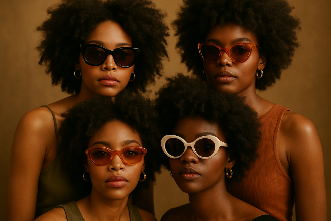Black women with natural big curly hair wearing unique sunglasses 